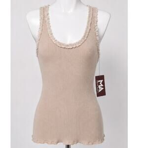 NWT Dis Moi Tan Rib Knit Racer Back Lace Edging Tank Top